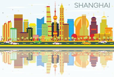 Soyut Shanghai manzarası renkli binalar, mavi gökyüzü ve Ref