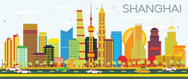 Soyut Shanghai manzarası renkli binalar ve mavi gökyüzü ile.