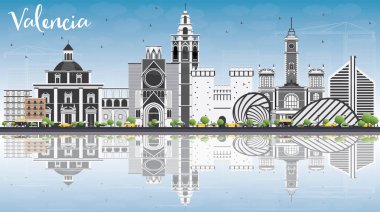 Valencia manzarası ile gri binalar, mavi gökyüzü ve yansımaları.
