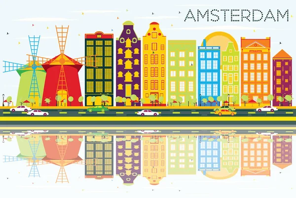 Abstract Amsterdam Skyline with Color Buildings, Blue Sky and Re — Stock Vector