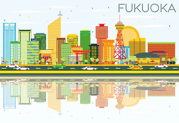 Resumen Fukuoka Skyline con edificios de color, cielo azul y refl — Vector de stock