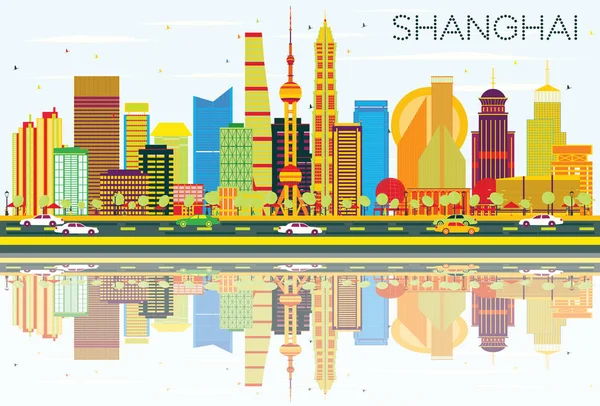 Soyut Shanghai manzarası renkli binalar, mavi gökyüzü ve Ref
