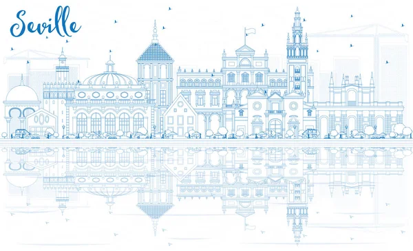 Esquema del horizonte de Sevilla con edificios azules y reflexiones . — Vector de stock