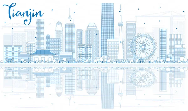 Esquema de Tianjin Skyline con edificios azules y reflexiones . — Vector de stock