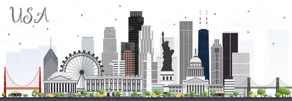 Panorama USA s šedou mrakodrapy a zajímavosti. — Stockový vektor