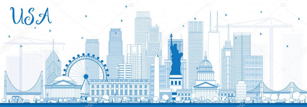 Outline USA Skyline with Blue Skyscrapers and Landmarks. Stock Vector