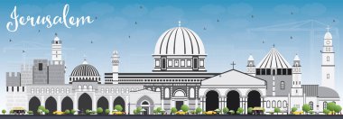 Jerusalem manzarası gri binalar ve mavi gökyüzü ile.