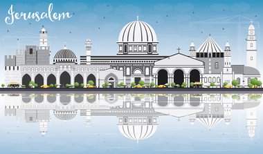 Jerusalem manzarası ile gri binalar, mavi gökyüzü ve yansımaları.
