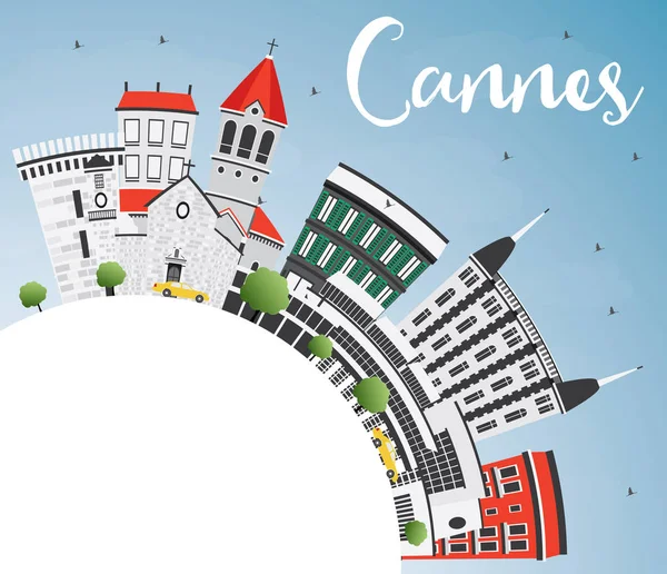 Cannes Skyline avec Bâtiments Gris, Ciel Bleu et Espace Copie . — Image vectorielle