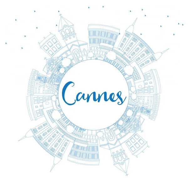 Outline Cannes Skyline con edifici blu e spazio copia . — Vettoriale Stock