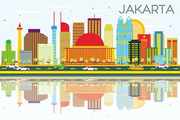 Jakarta manzarası renkli binalar, mavi gökyüzü ve yansımaları ile. — Stok Vektör
