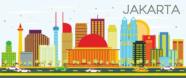 Jakarta Skyline с цветными зданиями и голубым небом . — стоковый вектор