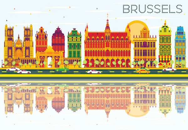 Brüsseler Skyline mit farbigen Gebäuden, blauem Himmel und Spiegelungen. — Stockvektor
