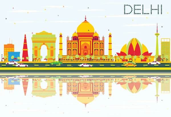 Delhi-Skyline mit farbigen Gebäuden, blauem Himmel und Spiegelungen. — Stockvektor