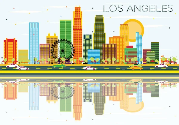 Skyline di Los Angeles con edifici a colori, cielo blu e riflessi — Vettoriale Stock