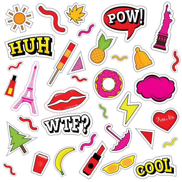 Set of Fashion Patch Badges with Lips, Heart and Other Elements. — Stock Vector