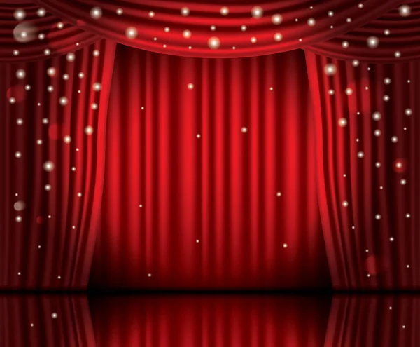 Abrir cortinas vermelhas com luzes de néon e espaço de cópia . — Vetor de Stock