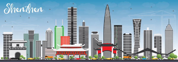 Shenzhen Skyline with Gray Buildings and Blue Sky.