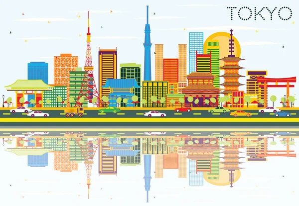 Tokyo Skyline con edificios a color, cielo azul y reflexiones . — Vector de stock