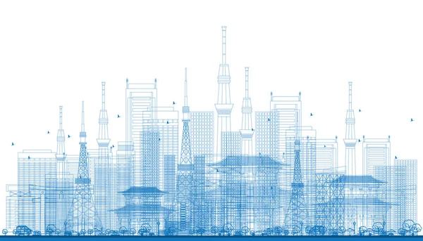 概述城市摩天大楼和电视发射塔在蓝色颜色. — 图库矢量图片