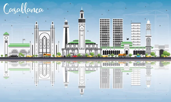 Casablanca Skyline con edificios grises, cielo azul y reflexiones — Vector de stock