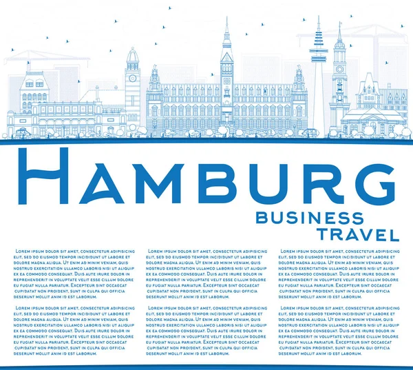 Esquema del horizonte de Hamburgo con edificios azules y espacio de copia . — Vector de stock