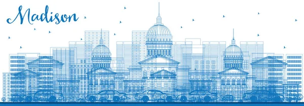 Kontur Madison Skyline med blå byggnader. — Stock vektor