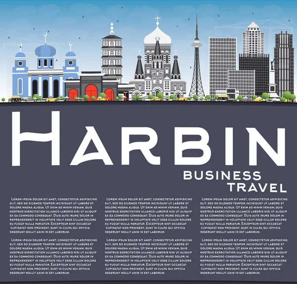 Harbin Skyline con edificios grises, cielo azul y espacio de copia . — Vector de stock