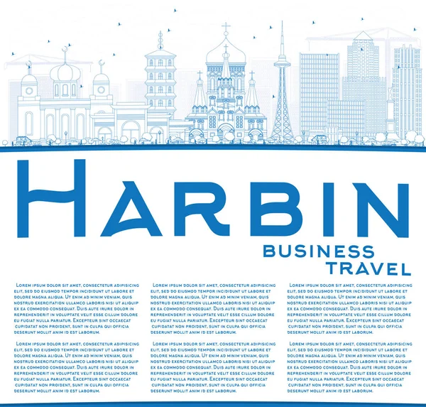 Overzicht Harbin Skyline met blauwe gebouwen en kopie ruimte. — Stockvector