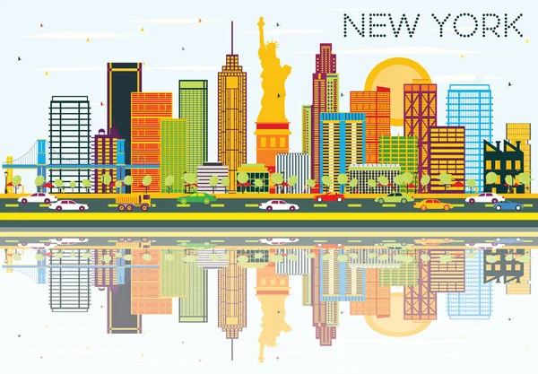 New York-i Skyline a színes épületek, a kék ég és a gondolatok. — Stock Vector