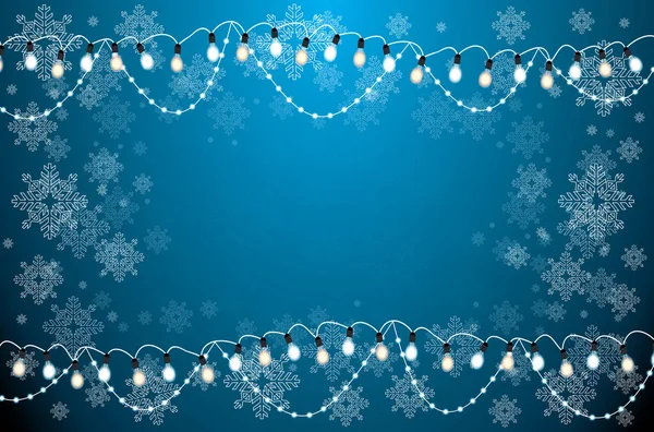ネオン電球と雪の結晶のクリスマス カード. — ストックベクタ