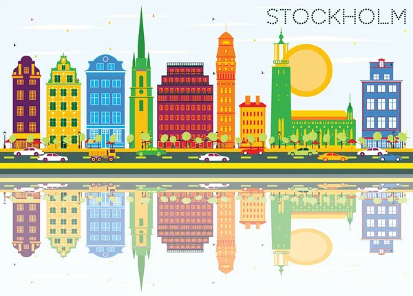 Estocolmo Skyline con edificios de color, cielo azul y reflexiones — Vector de stock