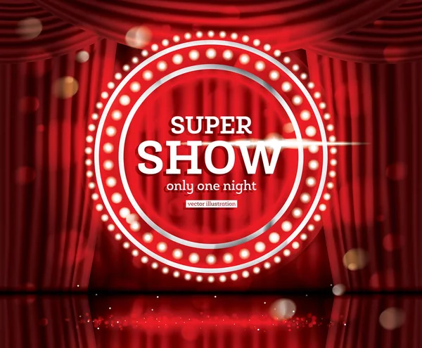 Super-Show. Offene rote Vorhänge mit Neonlicht. — Stockvektor