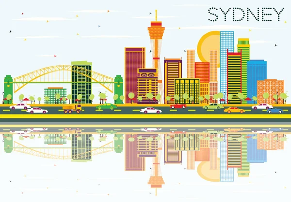 Sydney Skyline renk binalar, mavi gökyüzü ve yansımaları ile. — Stok Vektör