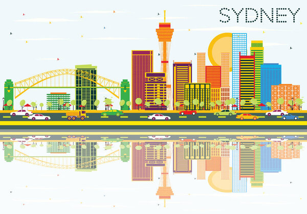 Sydney Skyline with Color Buildings, Blue Sky and Reflections.