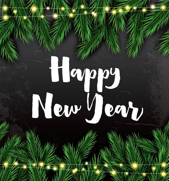 Feliz Ano Novo. Cartão de saudação com filiais de abeto e guirlanda de néon —  Vetores de Stock