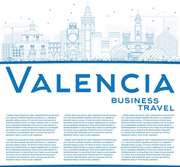 Esboço Valencia Skyline com edifícios azuis e espaço de cópia . — Vetor de Stock