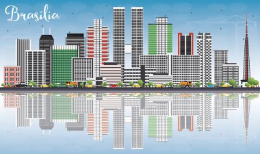 Brasilia manzarası ile gri binalar, mavi gökyüzü ve yansımaları.