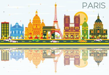 Paris manzarası renkli binalar, mavi gökyüzü ve yansımaları ile.