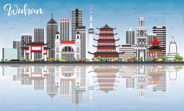 Wuhan manzarası ile gri binalar, mavi gökyüzü ve yansımaları.