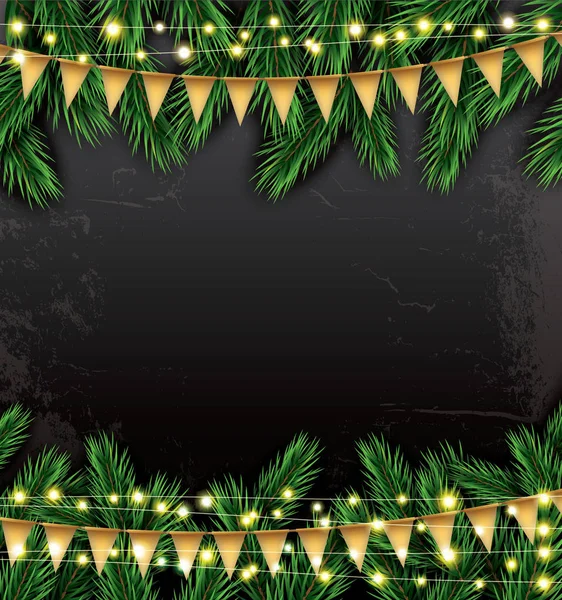 Пустой рождественский шаблон с еловыми ветвями, неоновыми гирляндами и Fl — стоковый вектор