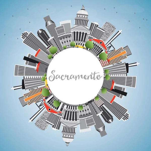 Sacramento manzarası gri binalar, mavi gökyüzü ve kopya alanı. — Stok Vektör
