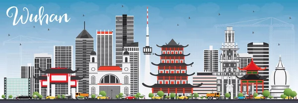 Wuhan Panorama s budovami šedá a modrá obloha. — Stockový vektor