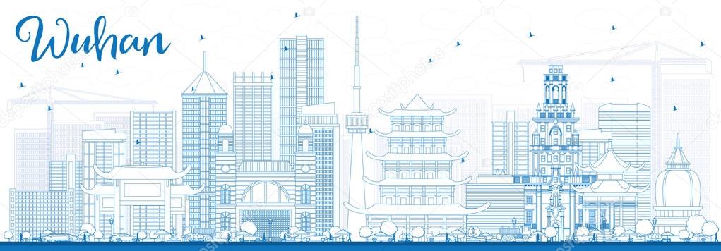 Outline Wuhan Skyline with Blue Buildings.