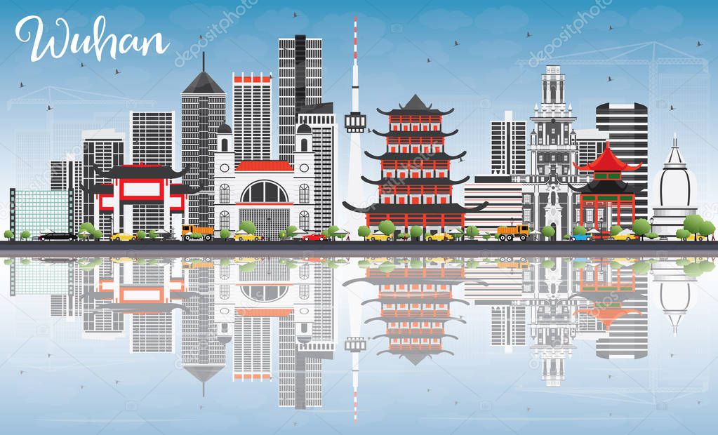 Wuhan Skyline with Gray Buildings, Blue Sky and Reflections.