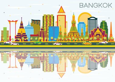 Bangkok manzarası renkli simge, mavi gökyüzü ve yansımaları ile.
