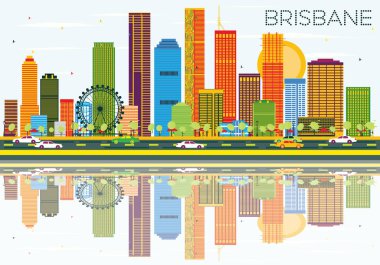 Brisbane manzarası renkli binalar, mavi gökyüzü ve yansımaları ile.