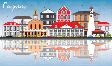 Cayenne manzarası renkli binalar, mavi gökyüzü ve yansımaları ile.