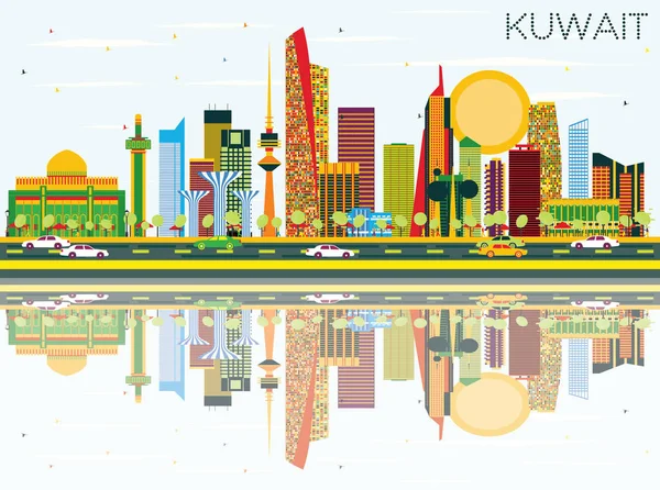 Kuwait Skyline with Color Buildings, Blue Sky and Reflections. — Stock Vector
