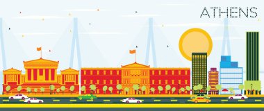 Atina manzarası renkli binalar ve mavi gökyüzü ile.